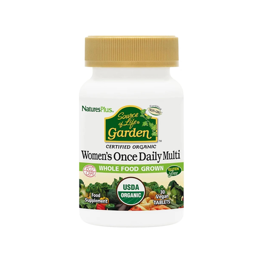 Nature's Plus Source of Life Garden Organic Women's 30 tablets once daily multivitamin with iron zinc and biotin