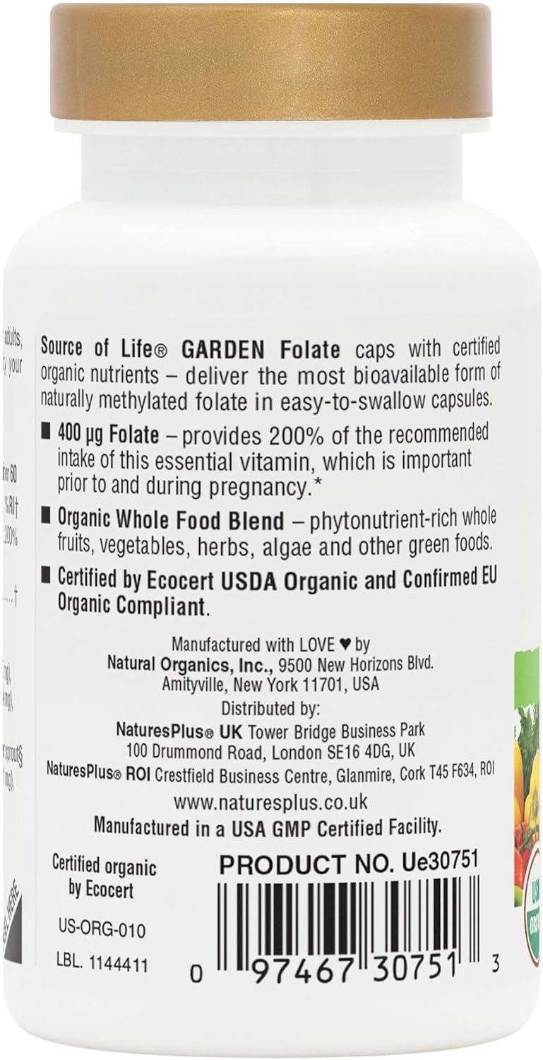 Nature's Plus Source of Life Garden Organic Folate for women planning pregnancy supporting blood formation and reducing tiredness 