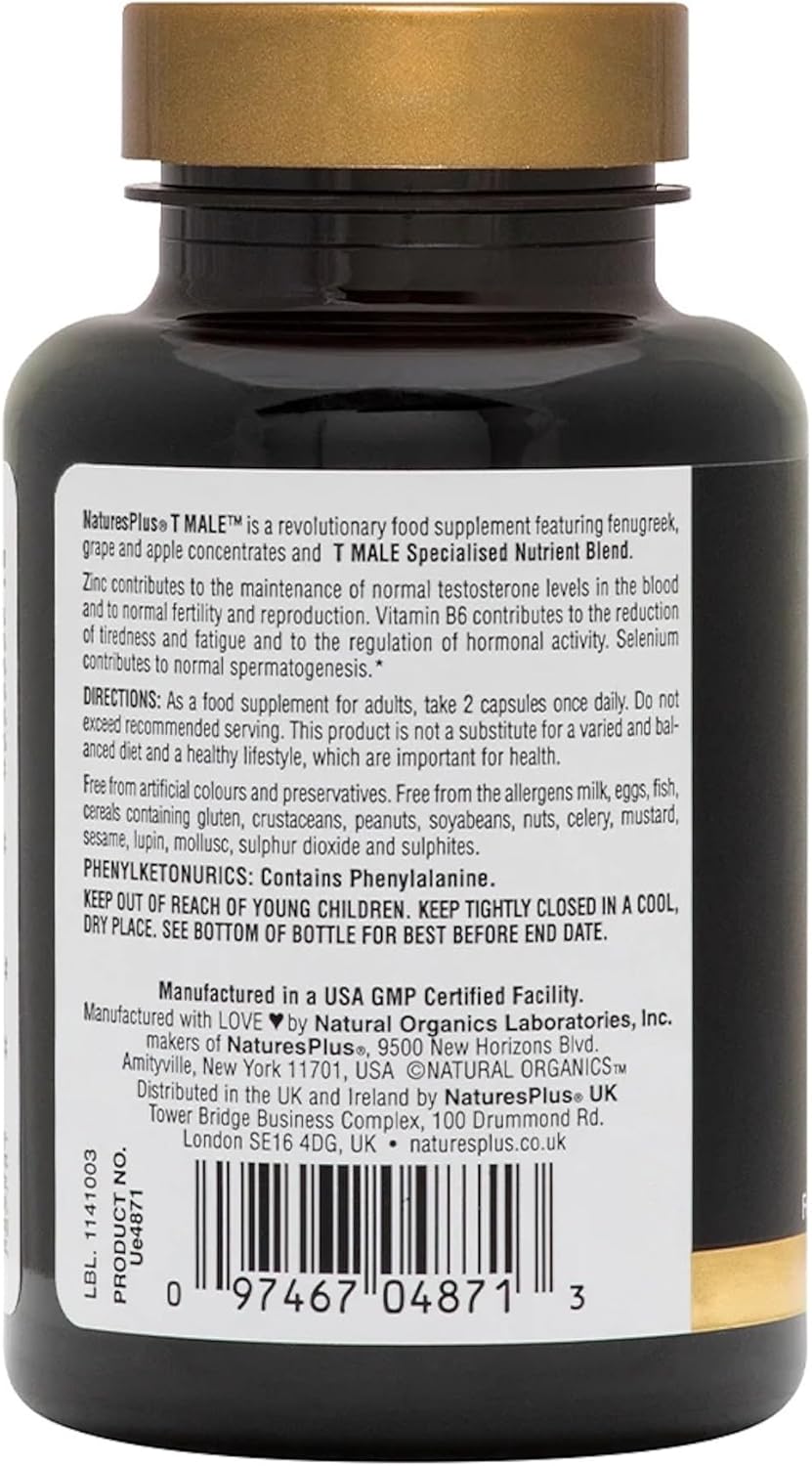 Nature's Plus T Male for men supporting zinc fertility immune function and antioxidant protection non-GMO gluten free