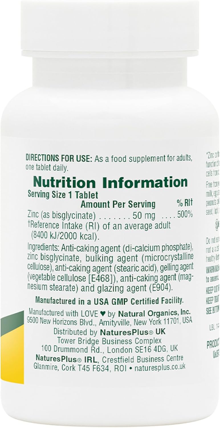 Nature's Plus Zinc Bisglycinate 50mg with zinc bisglycinate di-calcium phosphate and microcrystalline cellulose gluten free