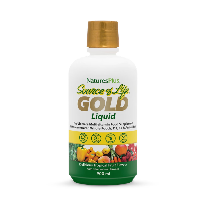 Nature's Plus Source of Life Gold Liquid 900ml whole food multivitamin with 110 fruits and vegetables in tropical fruit flavour