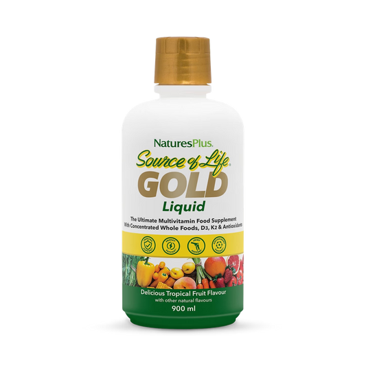 Nature's Plus Source of Life Gold Liquid 900ml whole food multivitamin with 110 fruits and vegetables in tropical fruit flavour