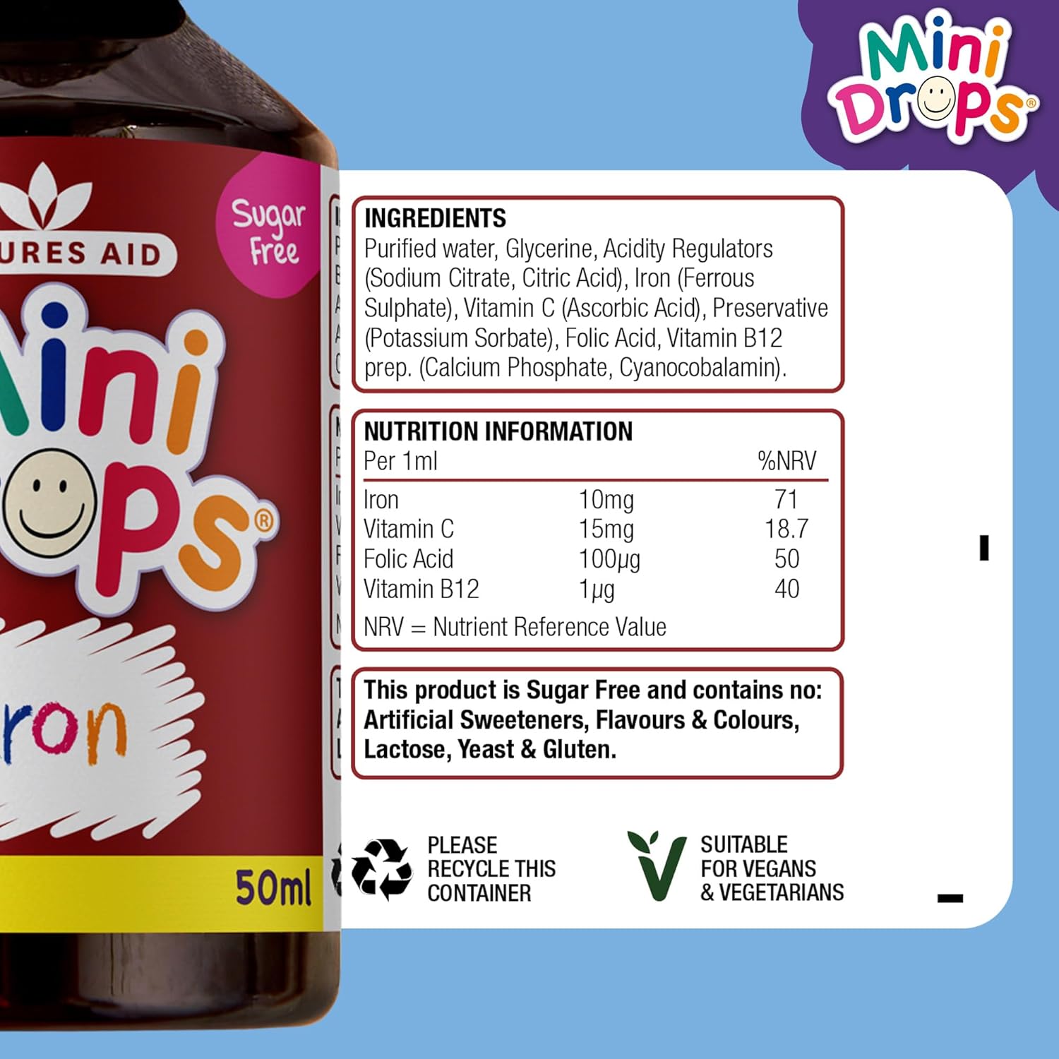 Natures Aid baby drops showing vitamins A C D and B complex blend supporting immune system energy production and healthy development in children