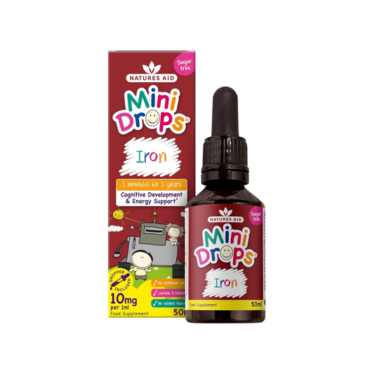 Natures Aid Iron Mini Drops 50ml liquid vitamin supplement for infants supporting growth immunity and daily nutrition from 3 months to 5 years