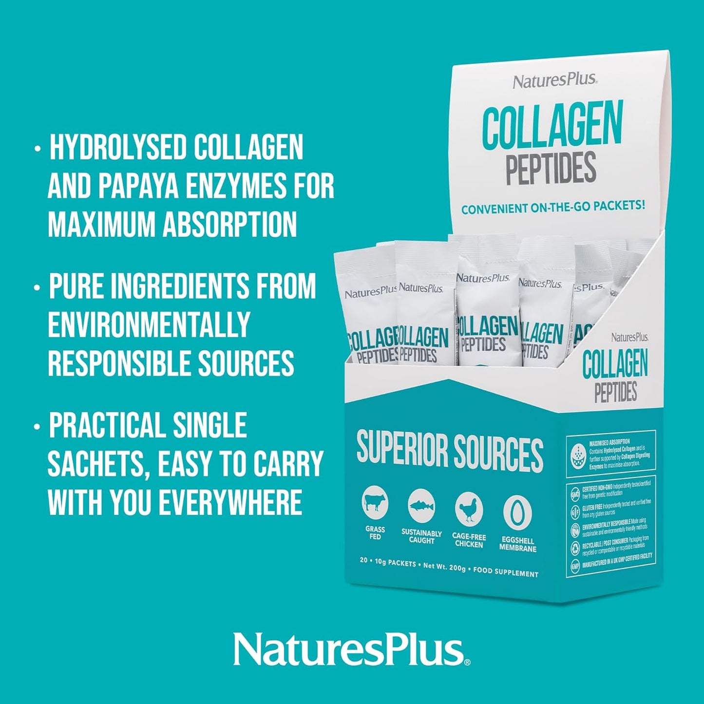 Nature's Plus Collagen Peptides sachets for those seeking daily skin and joint support, helping to promote collagen levels and overall structural wellbeing