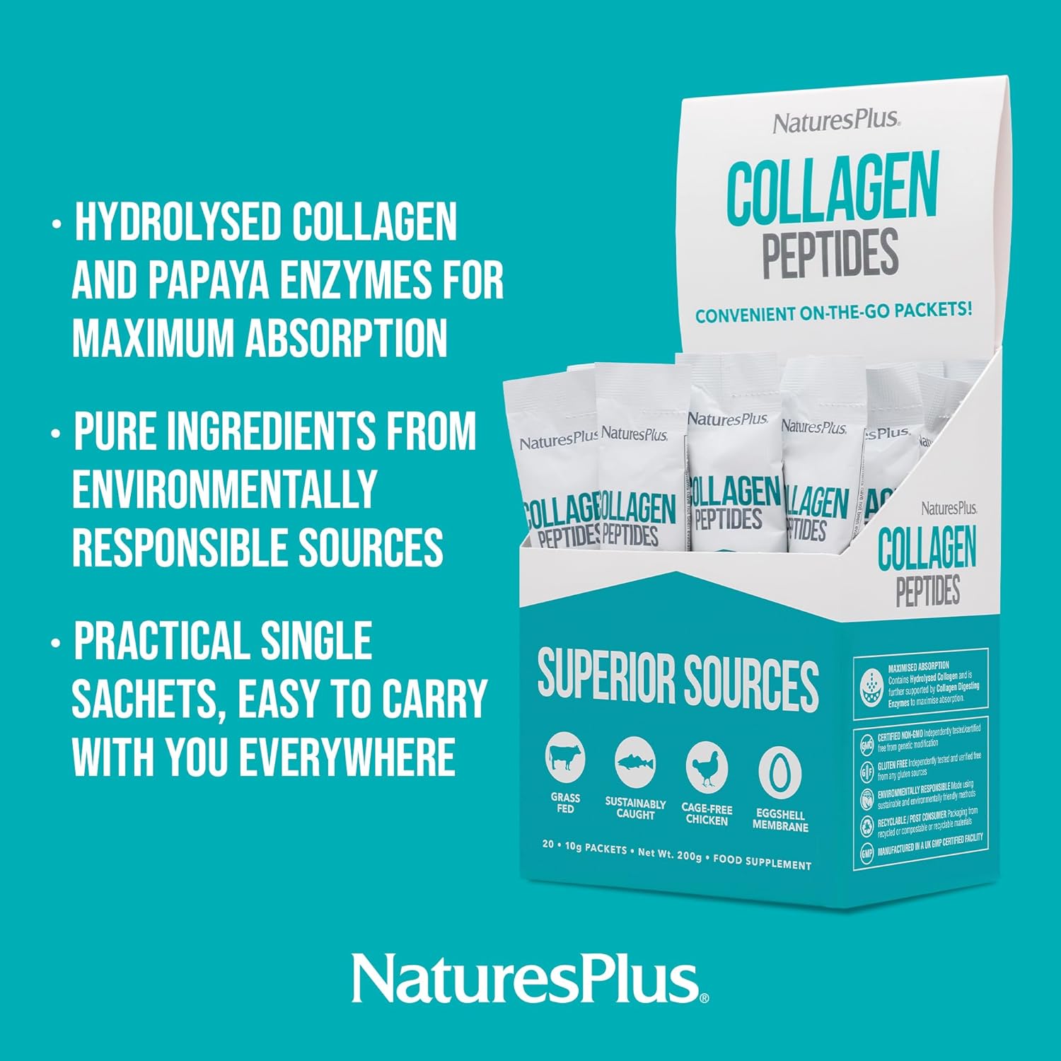 Nature's Plus Collagen Peptides sachets for those seeking daily skin and joint support, helping to promote collagen levels and overall structural wellbeing