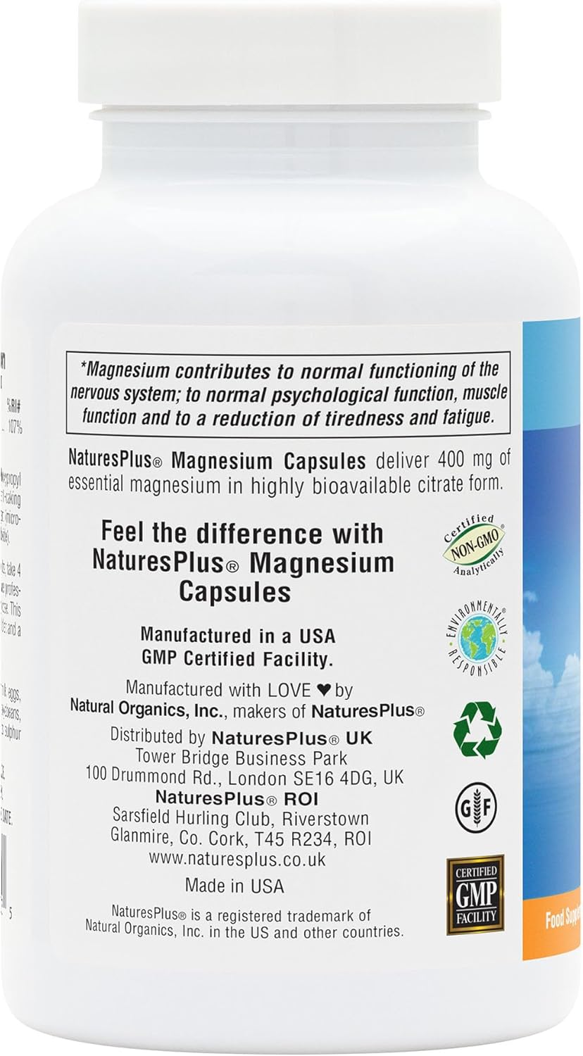 Nature's Plus Magnesium Citrate 400mg for muscle function energy metabolism tiredness reduction and nervous system support