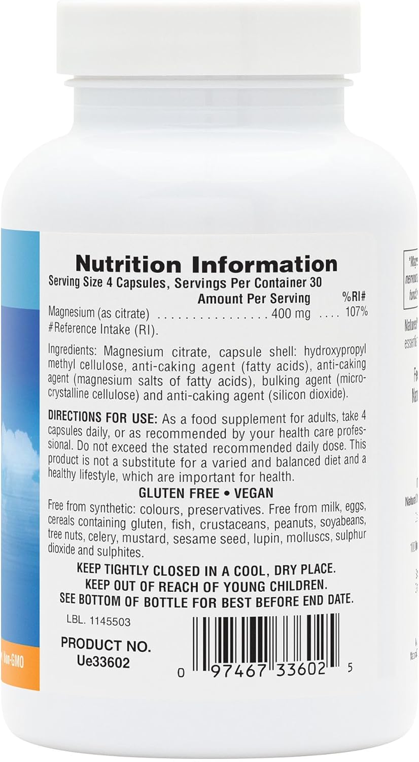 Nature's Plus Magnesium Citrate 400mg with magnesium citrate hydroxypropyl methyl cellulose and silicon dioxide vegan capsule