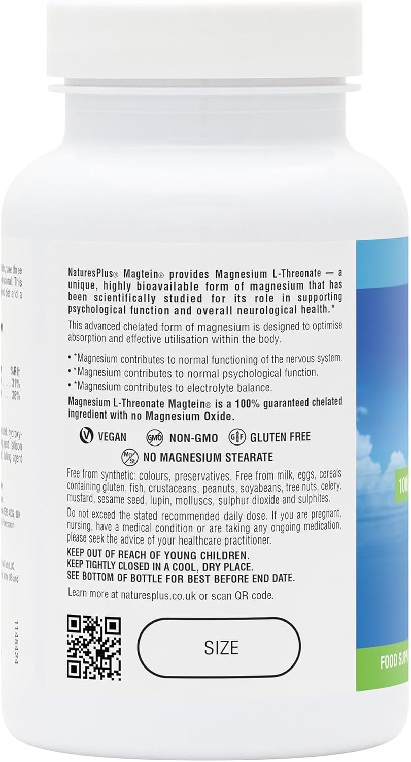 Nature's Plus Magtein Magnesium L-Threonate for energy metabolism nervous system function tiredness reduction and muscle support