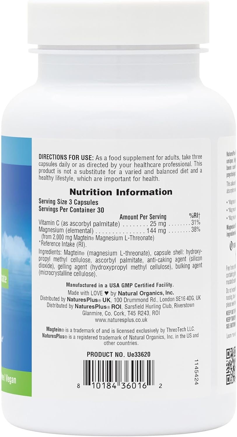 Nature's Plus Magtein Magnesium L-Threonate with Magtein chelated magnesium L-threonate free from magnesium oxide non-GMO