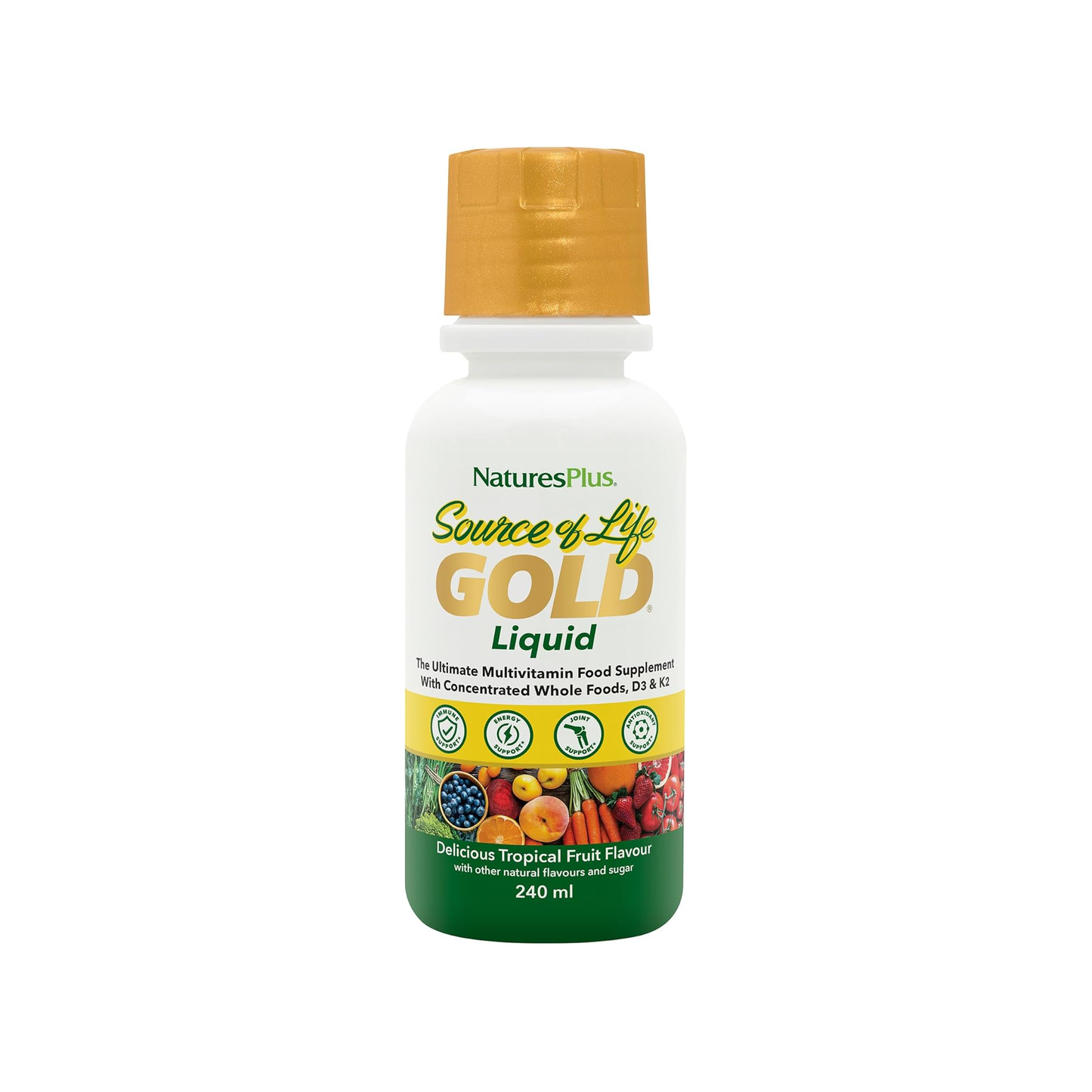Nature's Plus Source of Life GOLD Multivitamin Liquid 240ml with Vitamins D3, B12 and K2 for daily energy, immunity and bone support