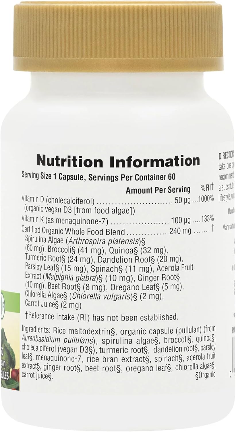 Nature's Plus Source of Life Garden Organic Vitamin D3 & K2 with Spirulina Chlorella Turmeric Dandelion and Acerola Fruit Extract