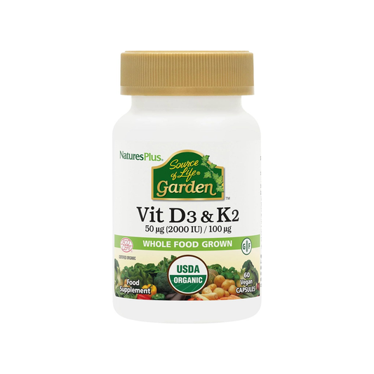 Nature's Plus Source of Life Garden Organic Vitamin D3 & K2 60 Capsules 2000IU D3 and 100mcg K2 as MK-7 for bone and immune support