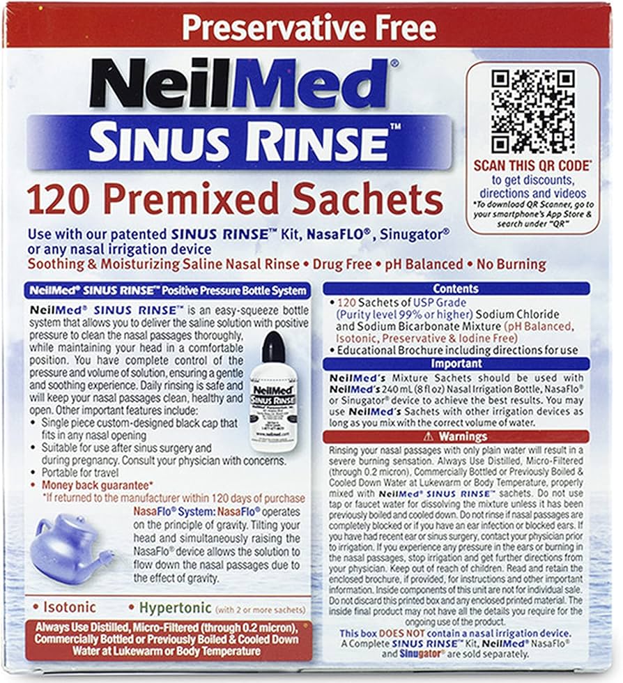 NeilMed Sinus Rinse sachets with Sodium Chloride and Sodium Bicarbonate for gentle daily nasal cleansing and sinus relief