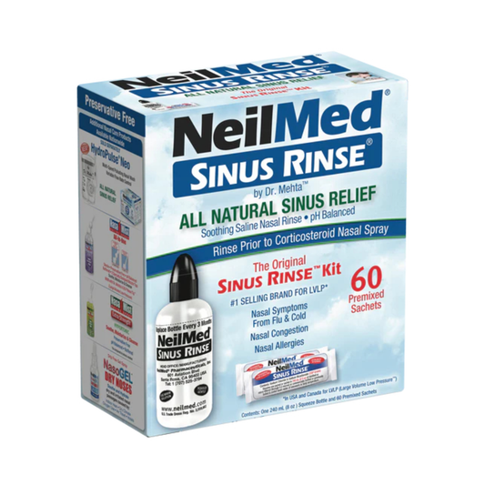 NeilMed Sinus Rinse Kit with 60 premixed saline sachets for hayfever, sinus congestion and nasal allergy relief