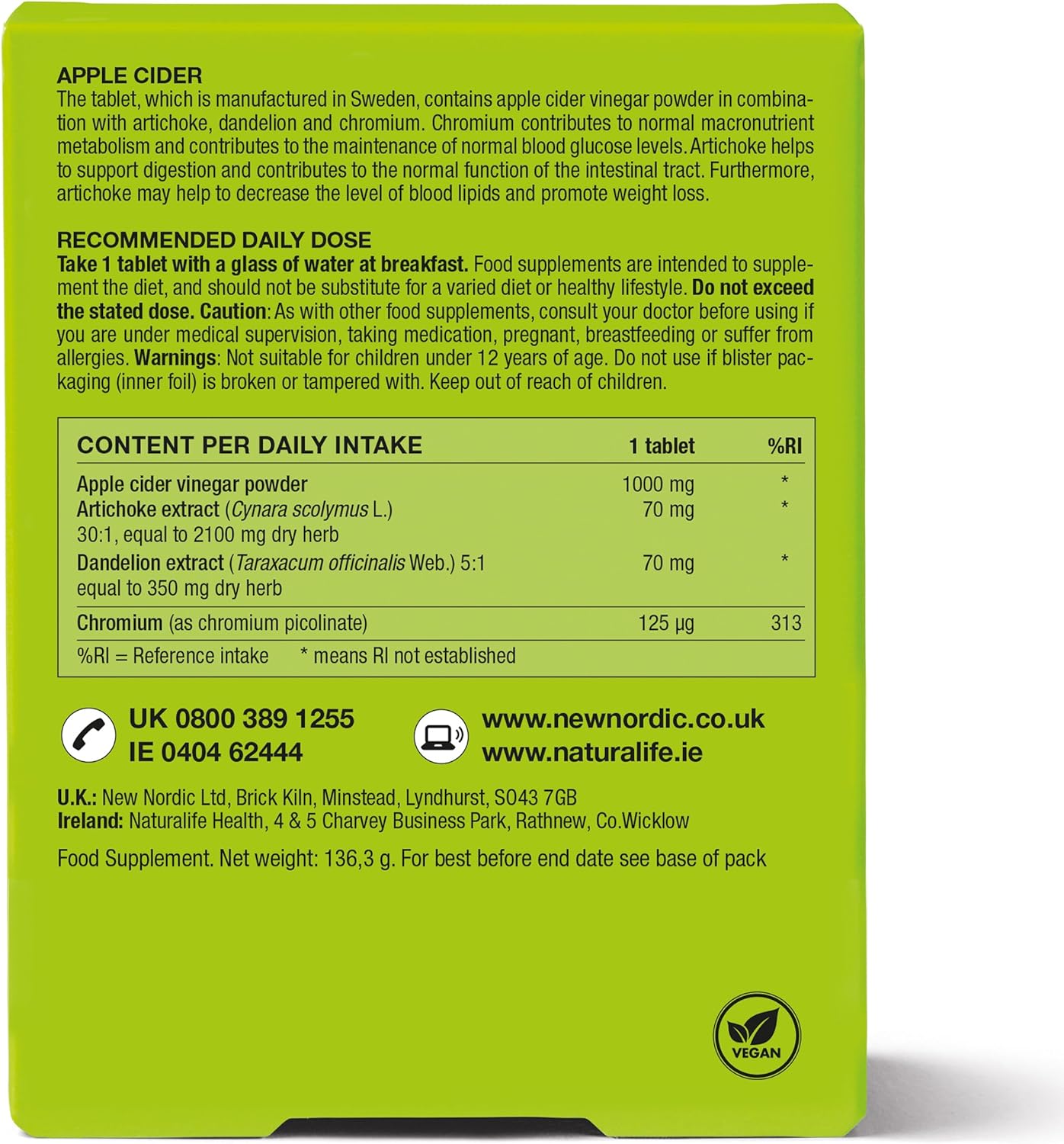 New Nordic Apple Cider Vinegar with globe artichoke extract, dandelion root and choline helping to support normal digestion and body fluid balance