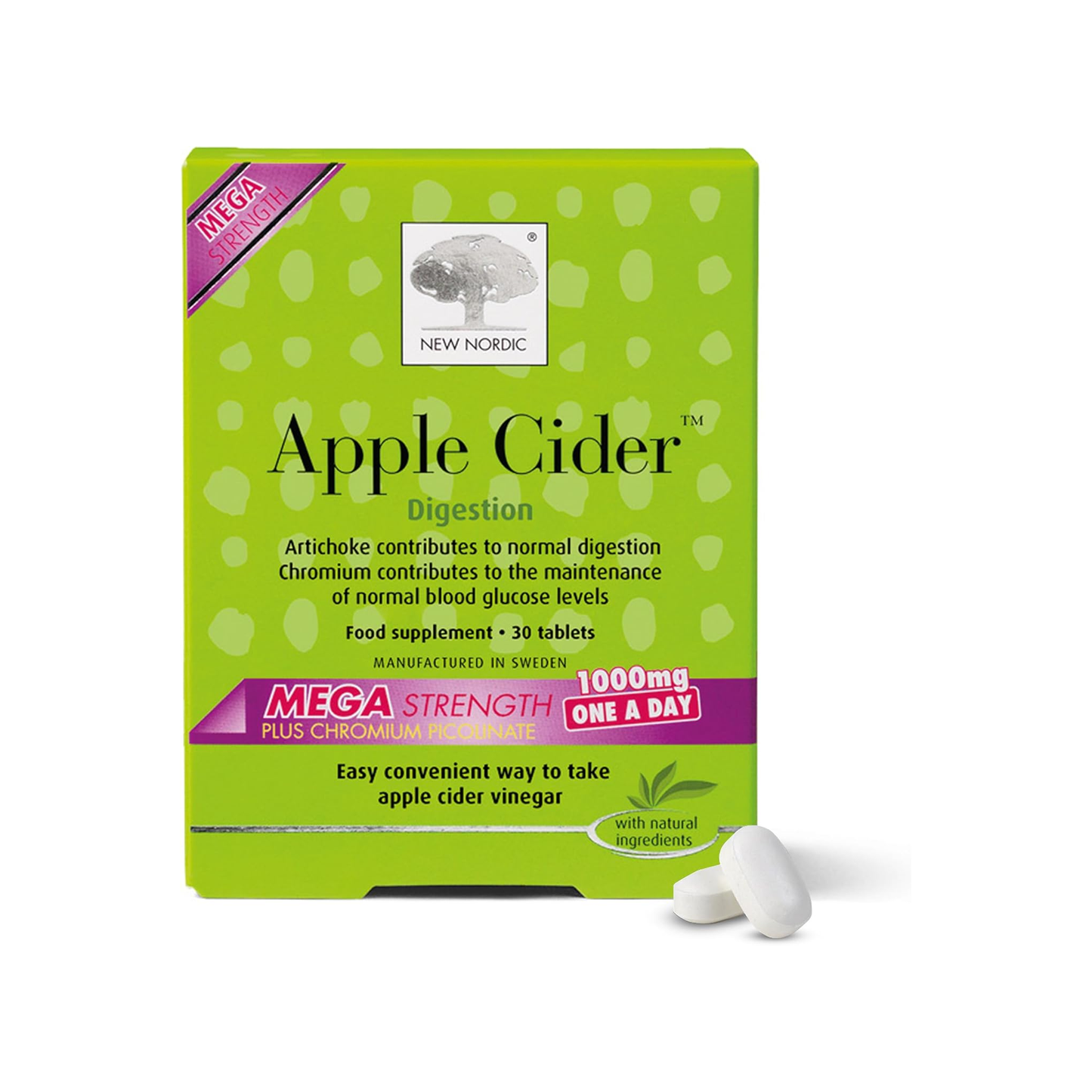 New Nordic Apple Cider Vinegar Tablets 1000mg 30 tablets with the Mother, artichoke and dandelion for daily digestive support