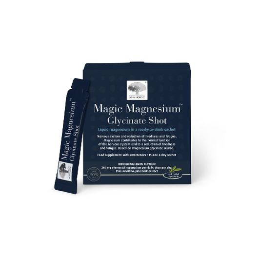  New Nordic Magic Magnesium Glycinate Shot 15 sachets with 240mg elemental magnesium and pine bark extract in a refreshing lemon ready-to-drink format