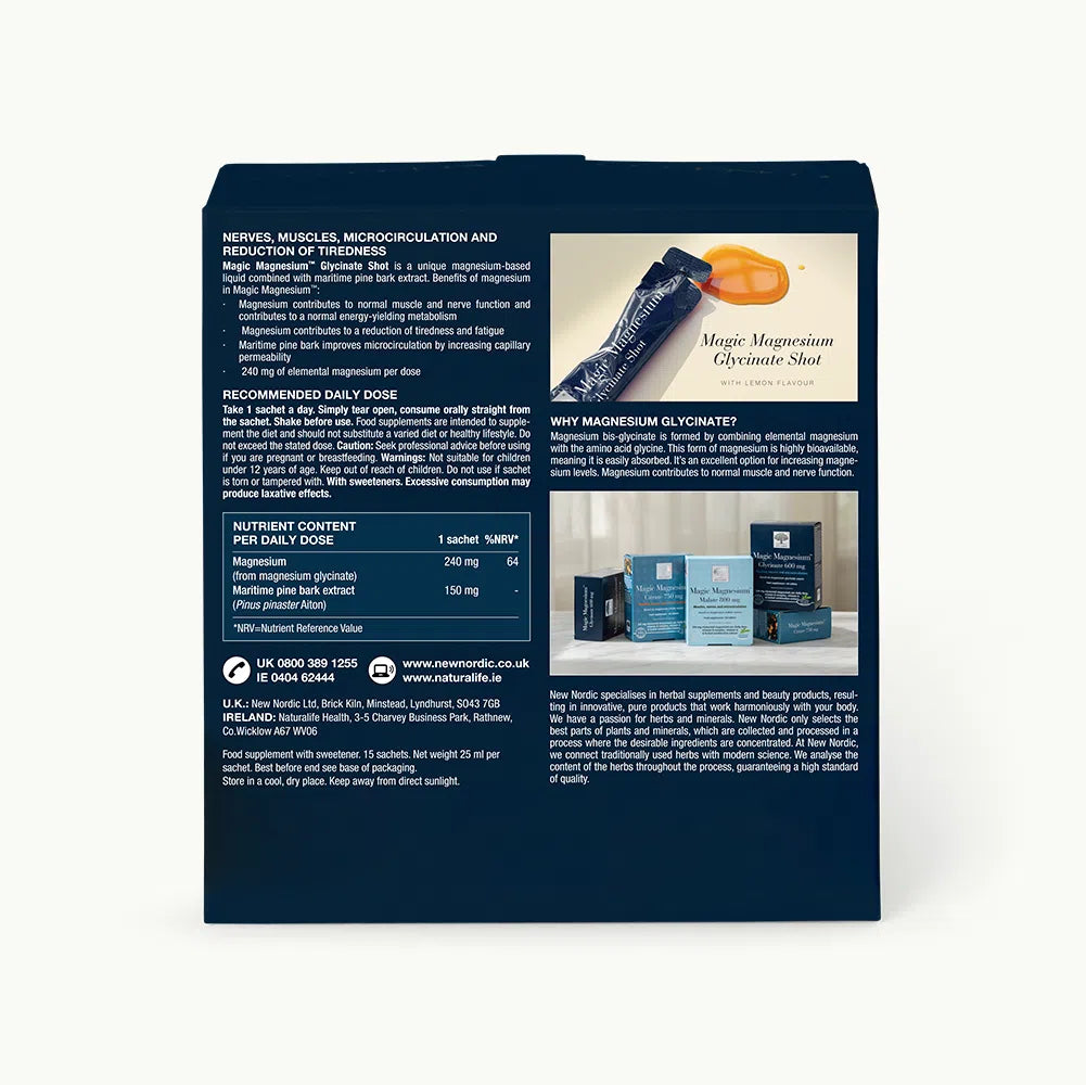 New Nordic Magic Magnesium with highly absorbable magnesium bisglycinate and maritime pine bark extract helping to support normal muscle function and reduce tiredness