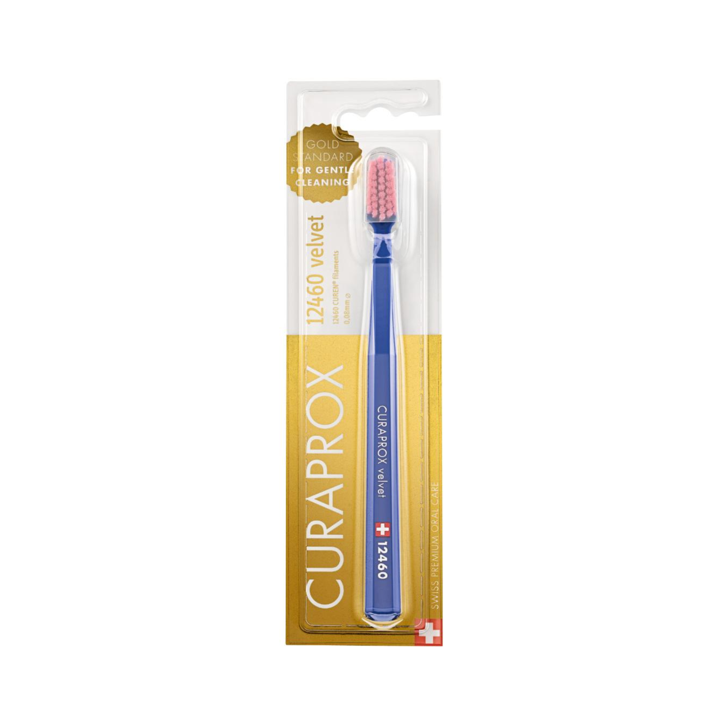 Curaprox CS 12460 Velvet octagonal handle and compact angled brush head with densely packed Curen filaments for gentle effective cleaning