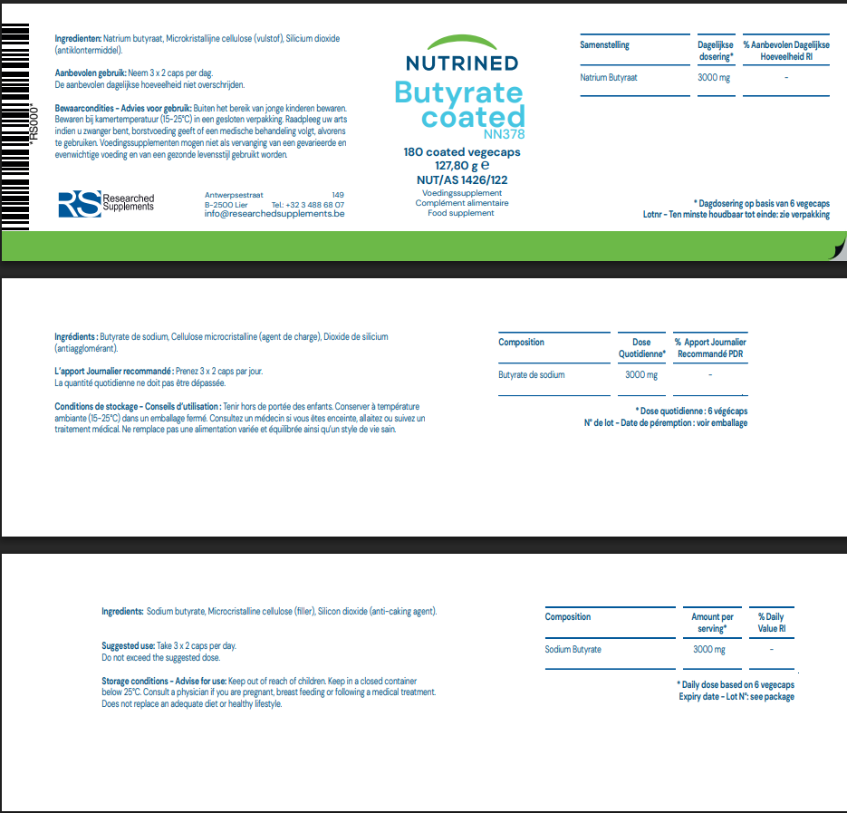 Nutrined Butyflam Coated capsule label showing sodium butyrate ingredients and dosage directions for adults