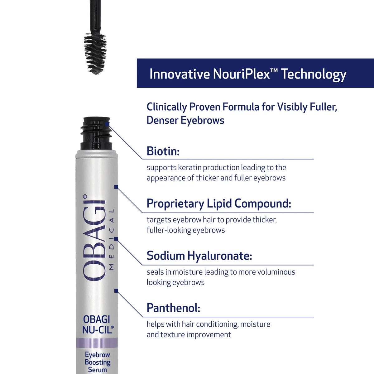 Obagi Nu-Cil Eyebrow Boosting Serum for thin or patchy brows helps improve the look of fullness and density through nourishing brow care.