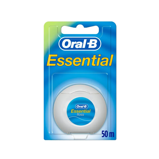 Oral-B Essential unwaxed dental floss 50m shred-resistant for superior plaque removal and daily gum care