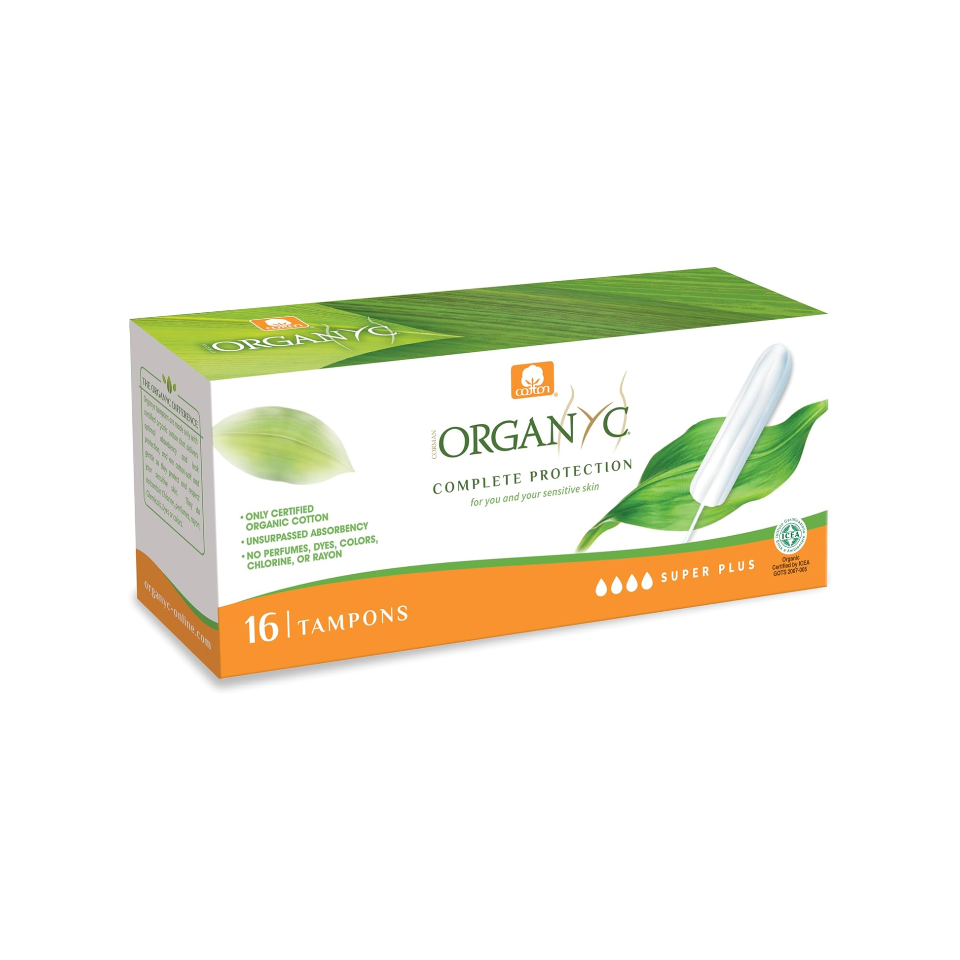 Organyc Organic Cotton Super Plus Tampons 16 pack, 100% certified organic cotton, no applicator, free from SAPs, plastics and perfumes