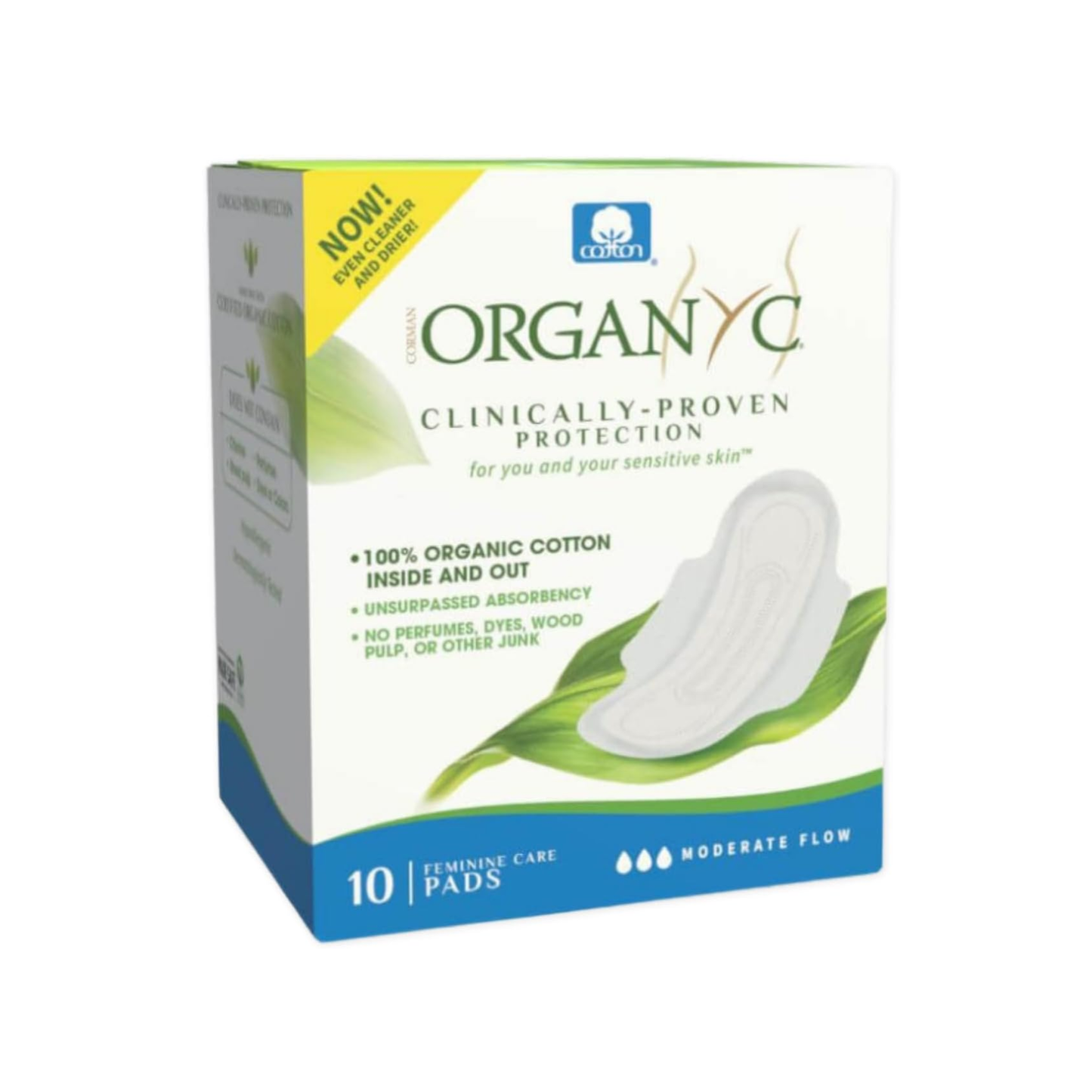 Organyc Sanitary Pads Normal Flow 10 pack, 100% certified organic cotton, biodegradable with cornstarch backsheet, individually wrapped