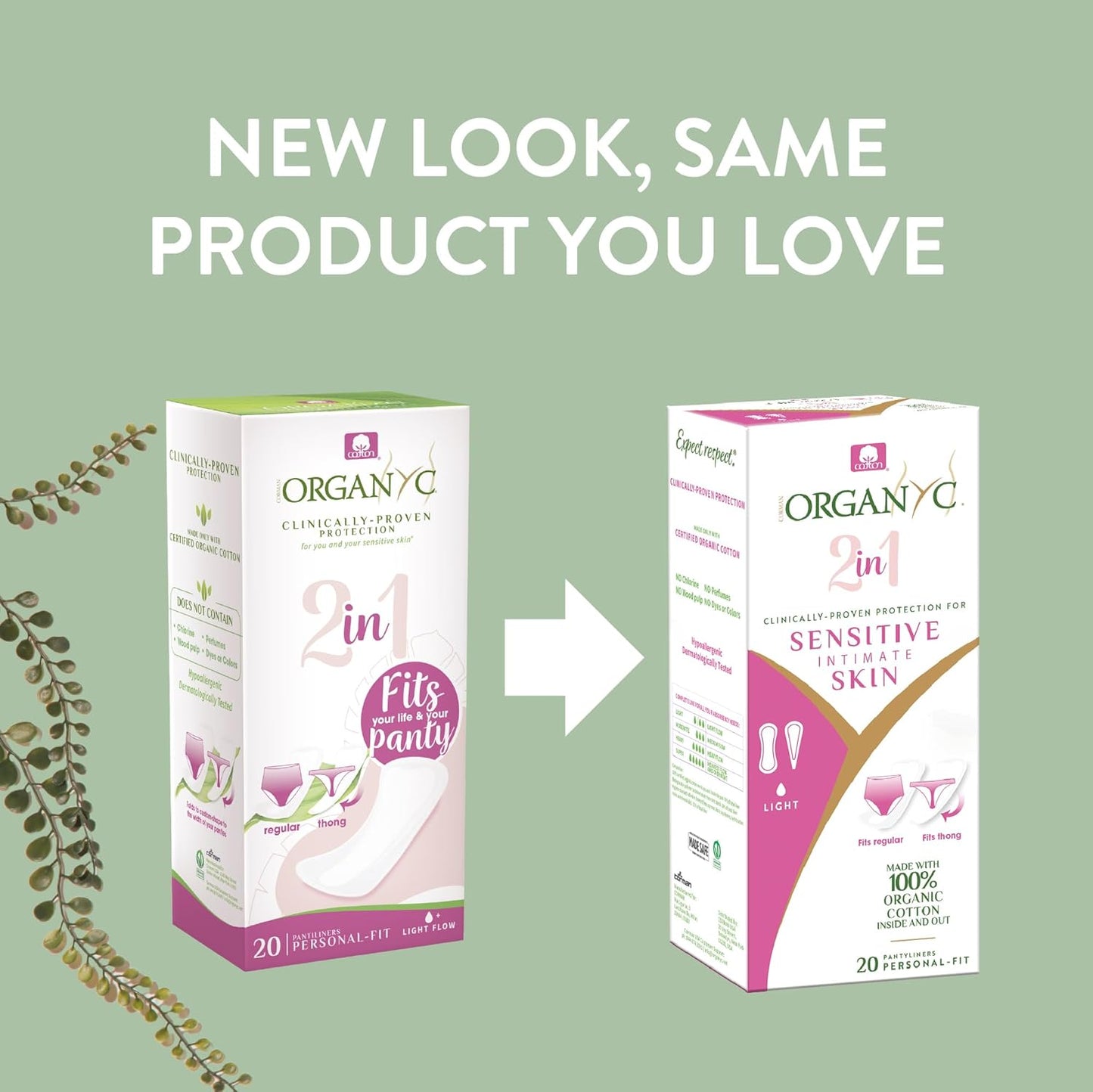 Organyc 2in1 Panty Liner with 100% organic cotton topsheet and Mater-Bi protective layer, free from chlorine, fragrances and SAPs