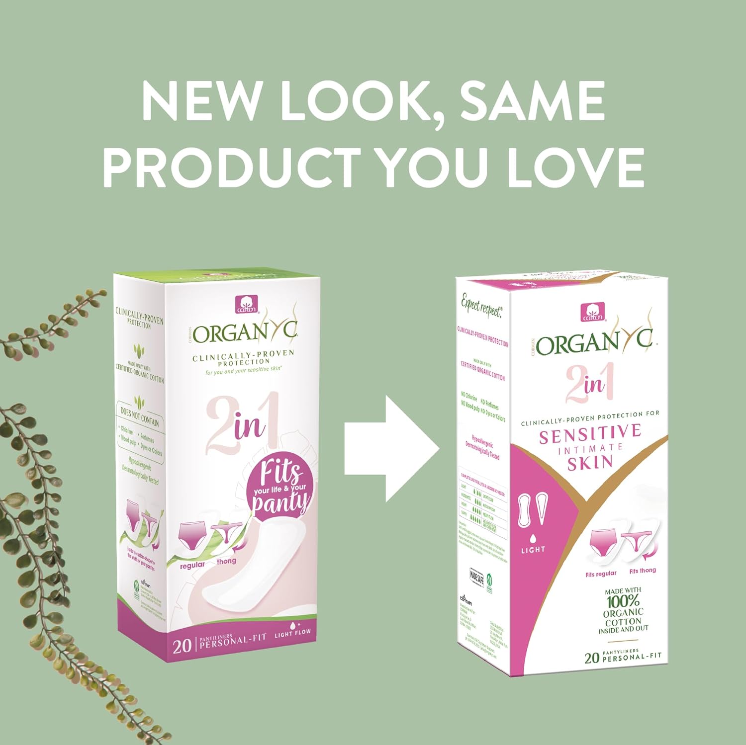 Organyc 2in1 Panty Liner with 100% organic cotton topsheet and Mater-Bi protective layer, free from chlorine, fragrances and SAPs
