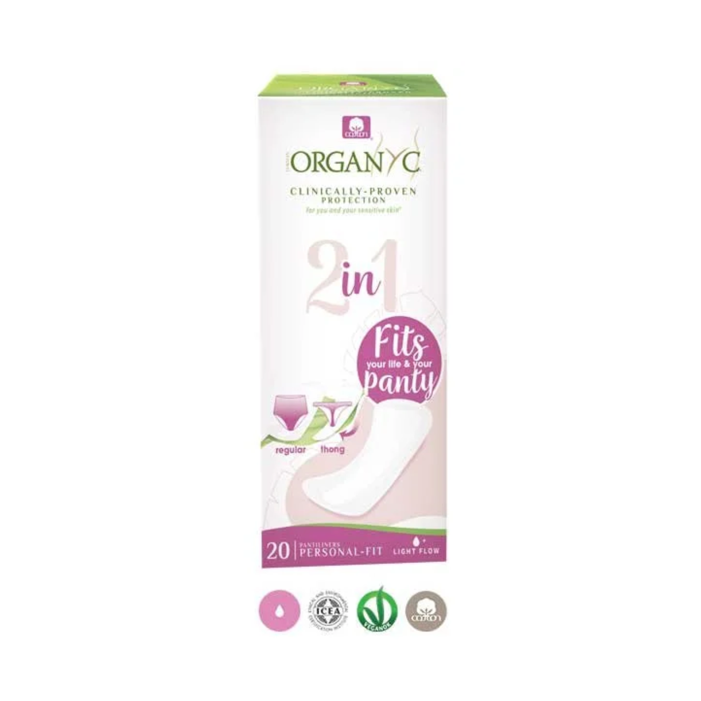 Organyc 2in1 Organic Cotton Panty Liner 20 pack, fits thong and regular underwear, ideal for light flow days and spotting