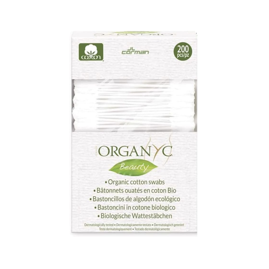Organyc Beauty Organic Cotton Buds 200 pack, 100% organic cotton with recyclable cardboard stem, biodegradable and plastic-free