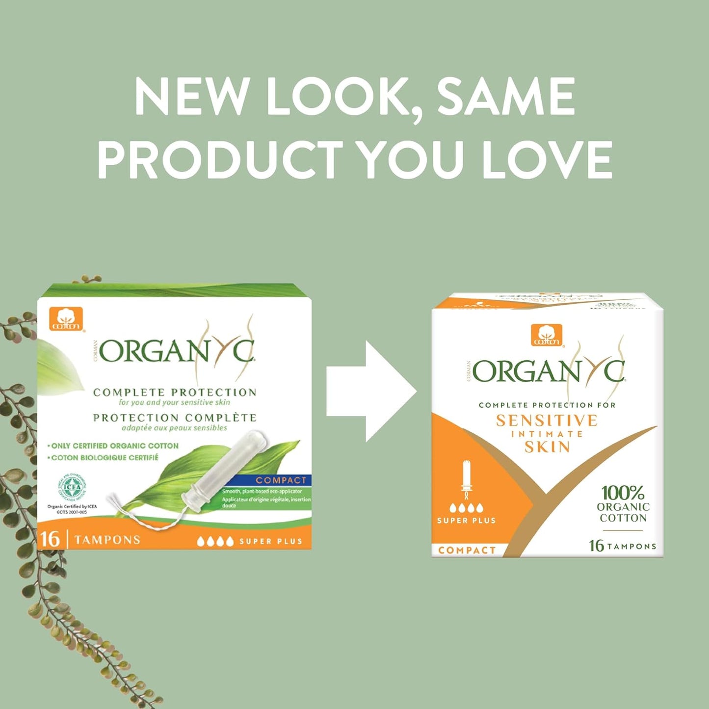 Organyc Organic Cotton Super Plus Tampons with compact applicator, free from perfumes, dyes and SAPs, certified by ICEA
