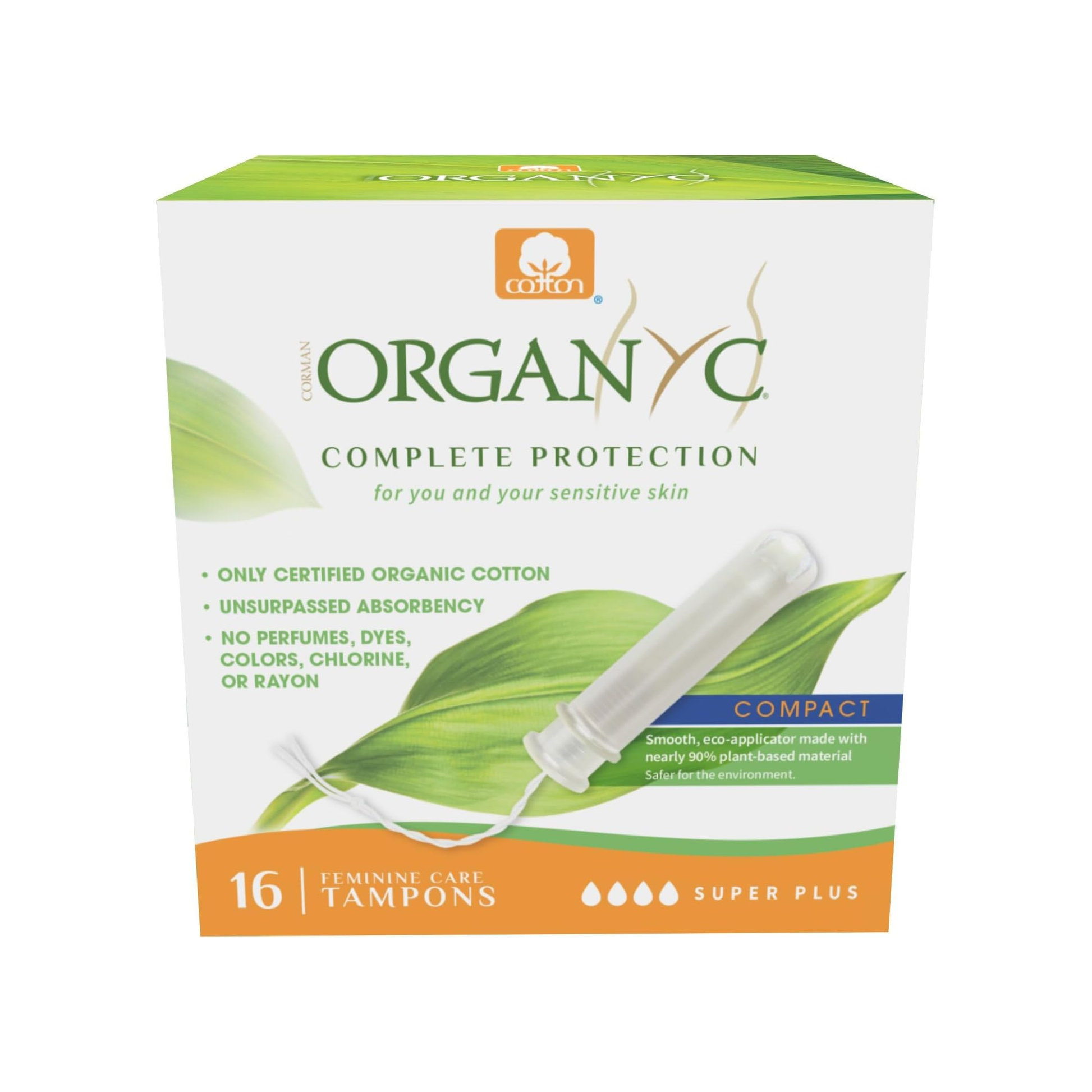 Organyc Compact Super Plus Tampons with Applicator 16 pack, 100% organic cotton with 90% plant-based sugarcane applicator, heaviest flow