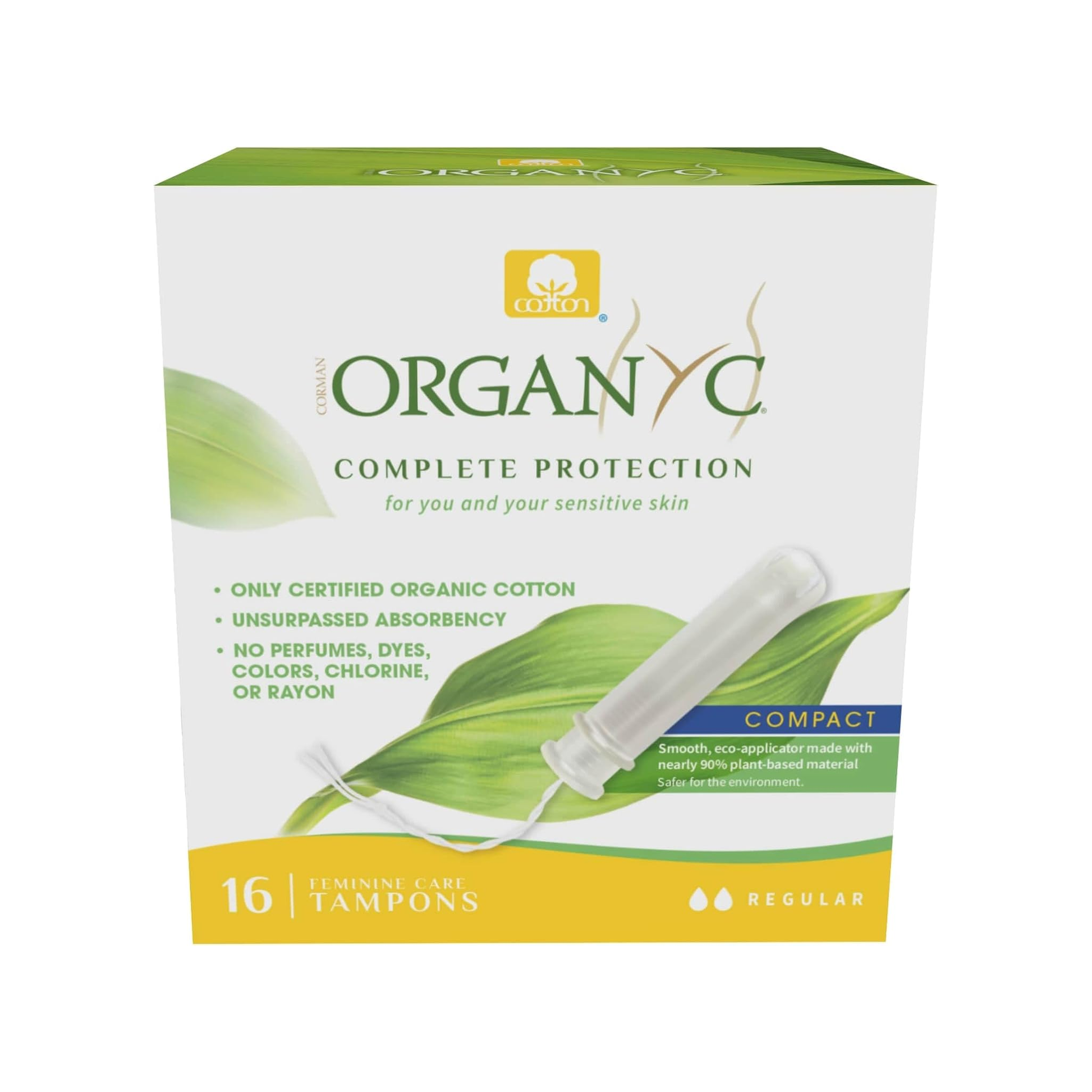 Organyc Complete Protection Regular Flow Tampons with Applicator 16 pack, 100% organic cotton with 90% plant-based sugarcane applicator
