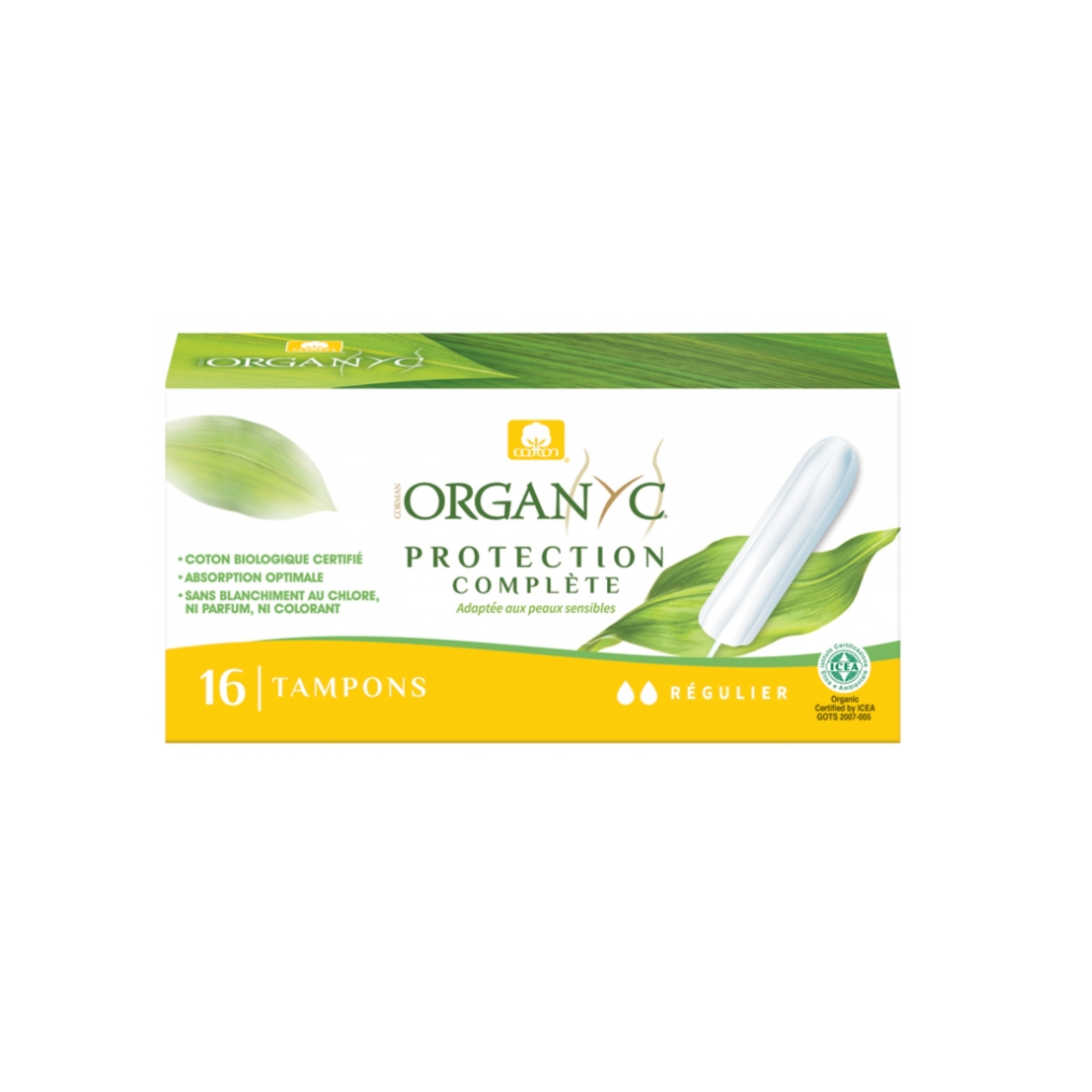 Organyc Complete Protection Regular Tampons 16 pack, 100% certified organic cotton, individually wrapped and free from chlorine and perfume
