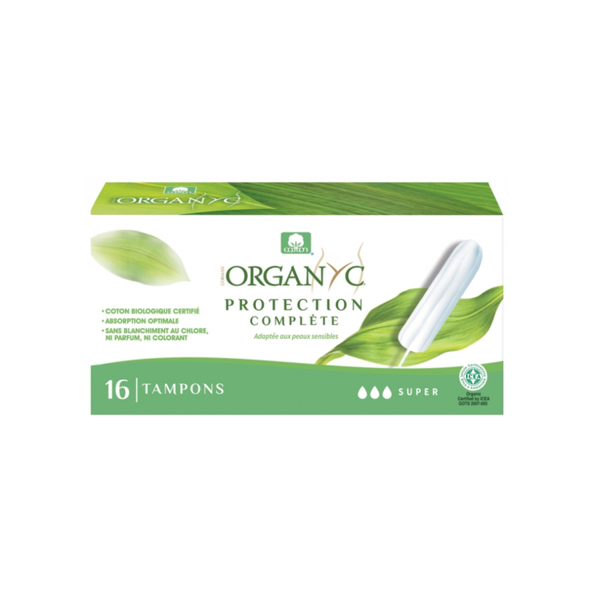 Organyc Complete Protection Super Tampons 16 pack, 100% certified organic cotton, no applicator, free from perfumes, SAPs and synthetic materials