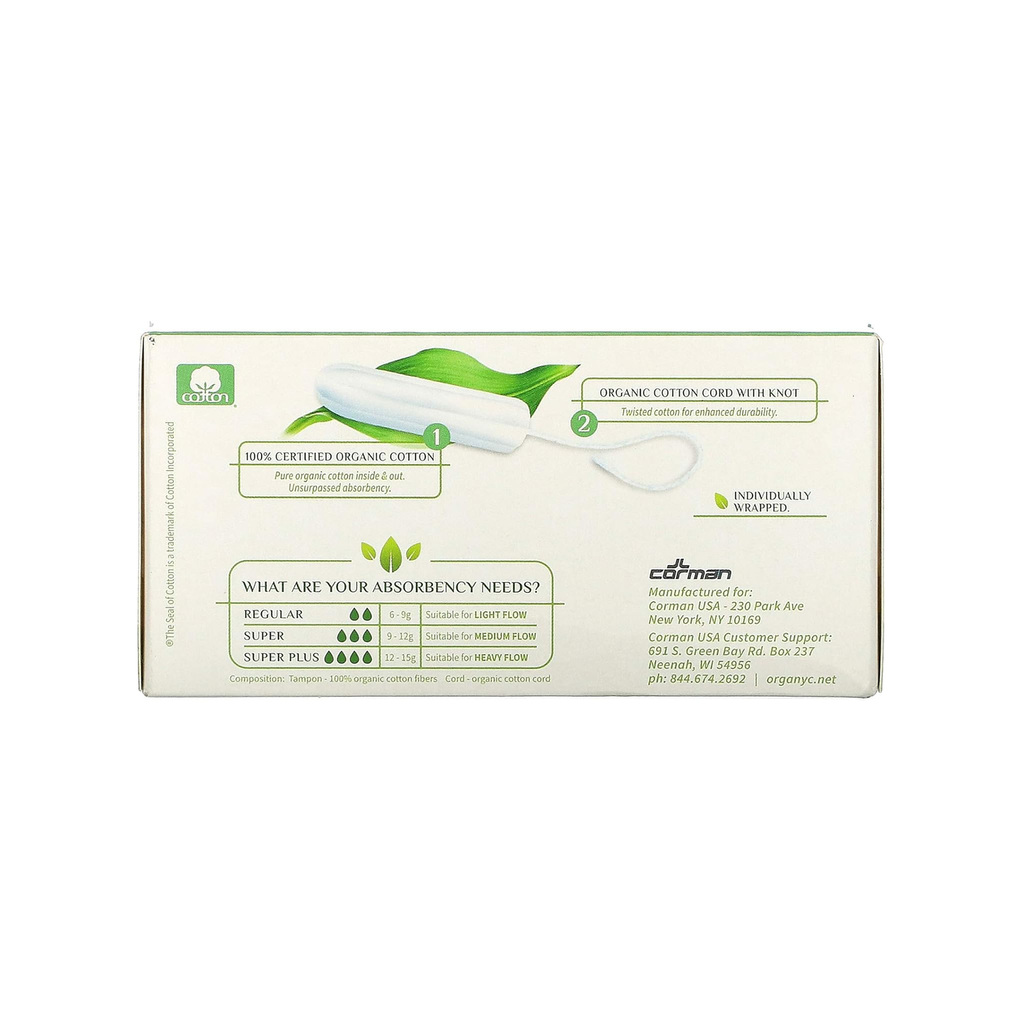 Organyc Organic Cotton Super Tampons with sewn extractor cord, certified by ICEA and VEGANOK, biodegradable and cruelty free