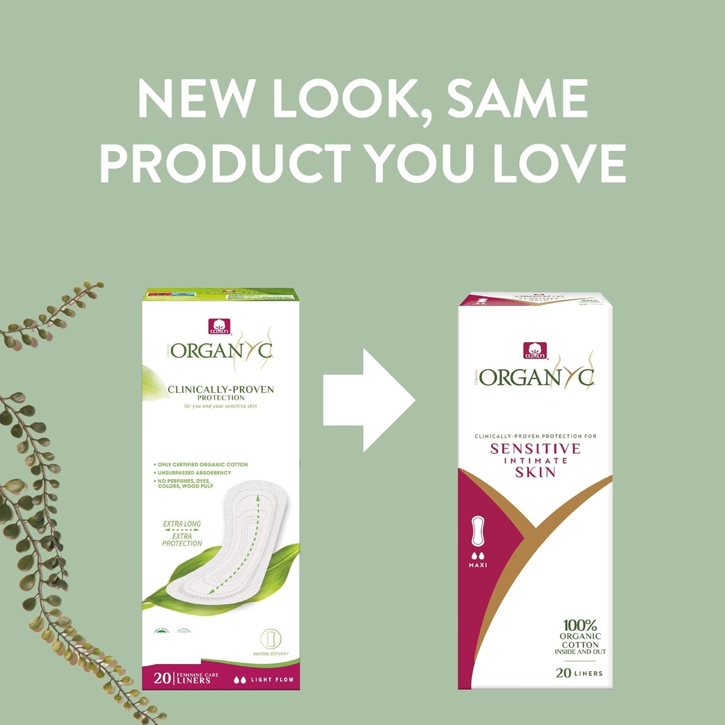 Organyc Extra Long Liners with organic cotton topsheet and Mater-Bi compostable backsheet, hypoallergenic and biodegradable