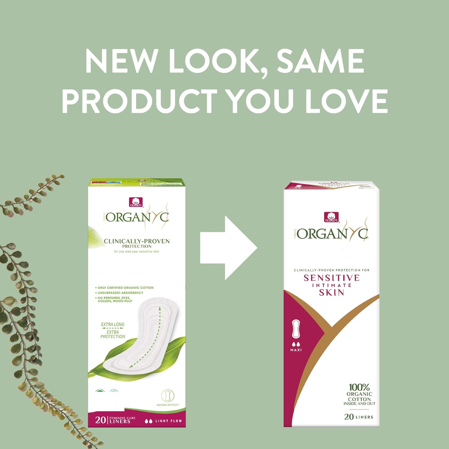Organyc Extra Long Liners with organic cotton topsheet and Mater-Bi compostable backsheet, hypoallergenic and biodegradable