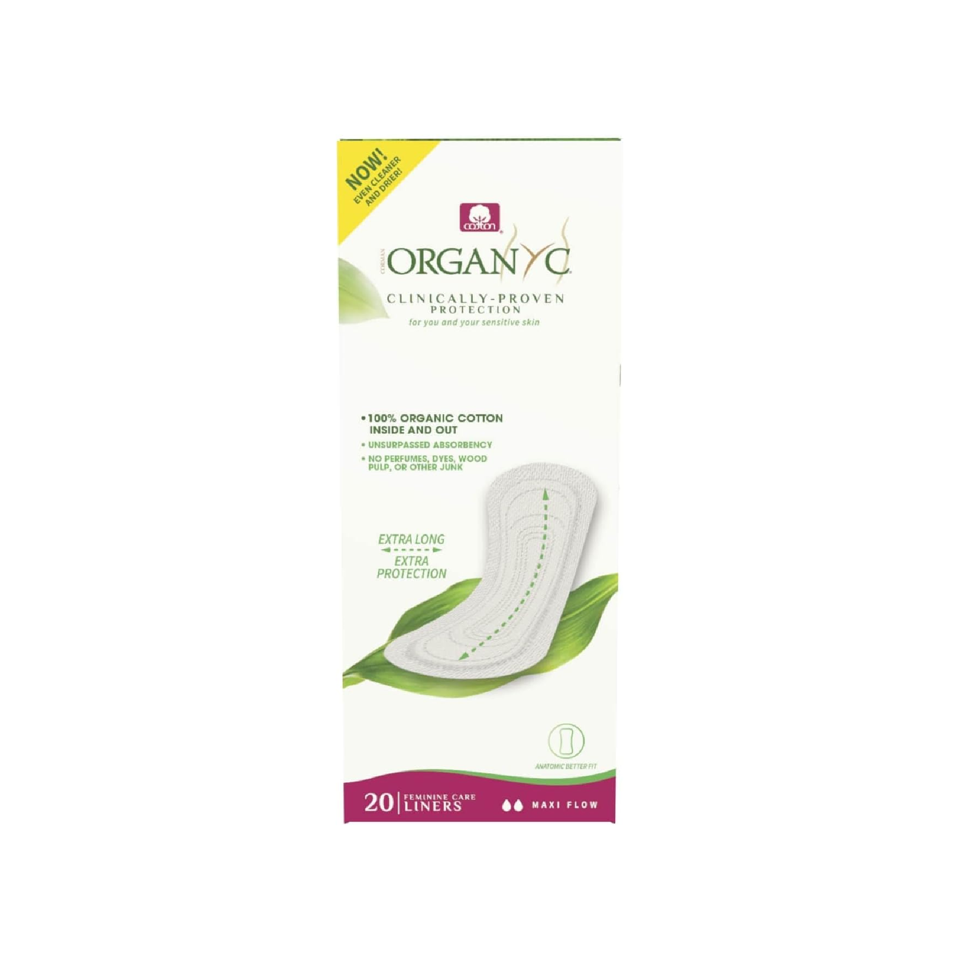 Organyc Extra Long Slip Light Flow Liners 20 pack, 100% certified organic cotton, free from chemicals, plastics and perfumes