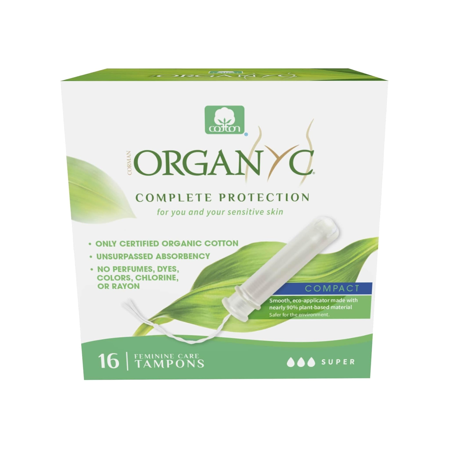 Organyc Full Protection Super Tampons with Applicator 16 pack, 100% organic cotton with 90% plant-based sugarcane applicator, super flow