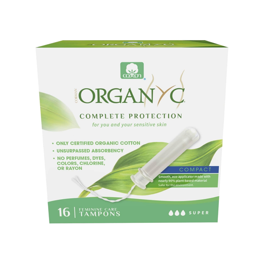 Organyc Full Protection Super Tampons with Applicator 16 pack, 100% organic cotton with 90% plant-based sugarcane applicator, super flow