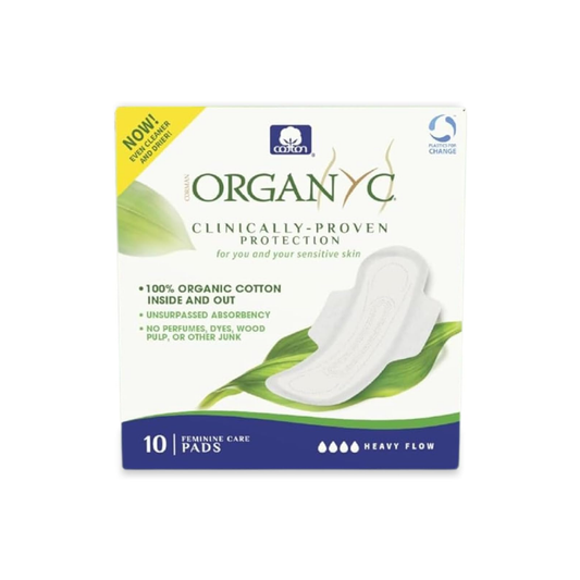 Organyc Heavy Flow Night Sanitary Pads 10 pack, 100% organic cotton with wings, biodegradable and individually wrapped for overnight protection