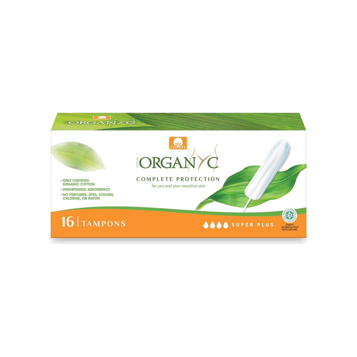 Organyc Super Plus Tampons with organic cotton absorbent core and sewn extractor cord, certified by ICEA and VEGANOK, biodegradable
