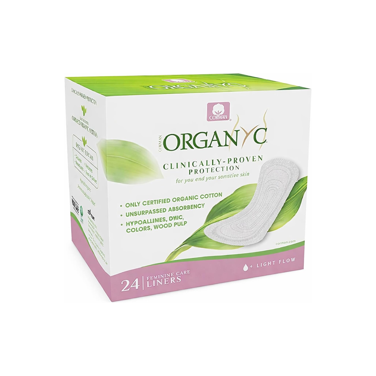 Organyc Folded Panty Liners Light Flow 24 pack, 100% certified organic cotton, individually wrapped and biodegradable for sensitive skin