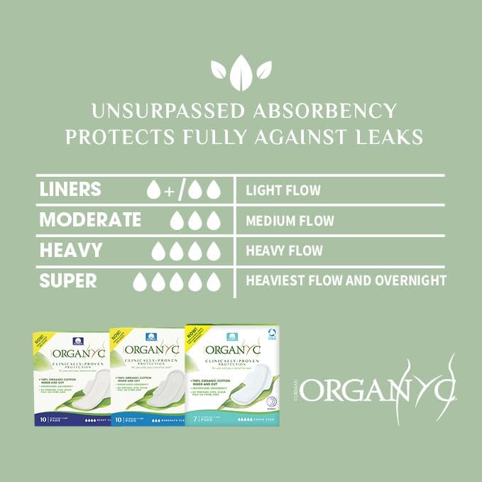 Organyc Extra Flow Overnight Pads with organic cotton core and cornstarch backsheet, free from SAPs, plastics, parabens and perfumes