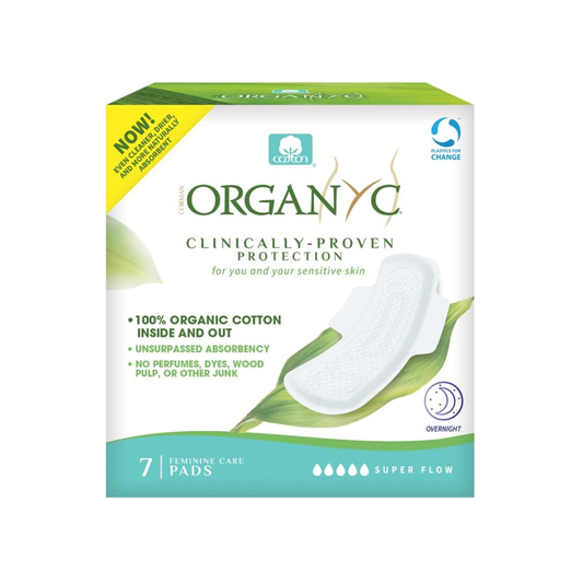 Organyc Overnight Folded Extra Flow Sanitary Pads 7 pack, 100% organic cotton with Mater-Bi biodegradable backsheet, individually wrapped