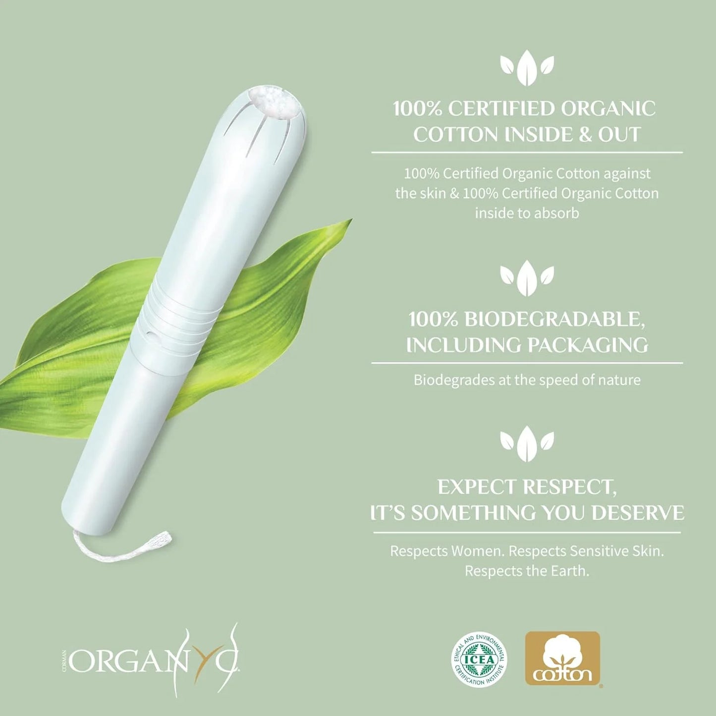 Organyc Organic Cotton Regular Tampons with sewn-in drawstring for security, certified by ICEA GOTS, no dyes or synthetic materials